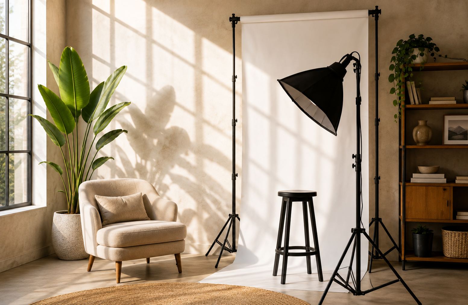 A studio corner set up for a shoot — white backdrop on stands, a black studio lamp and stool, beside an armchair and plant in a sunlit room