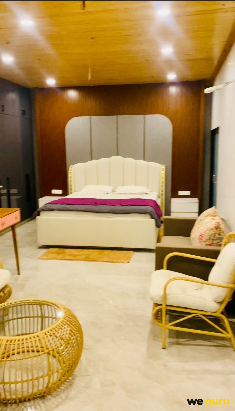 Luxurious Contemporary Bedroom with Cane Seating — flat in Jaipur
